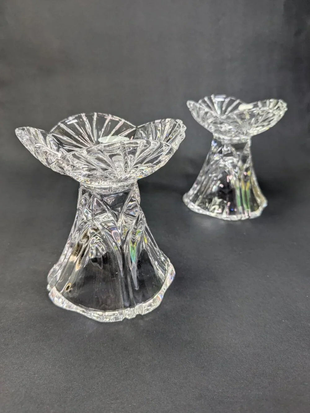 VTG 60s Crystal Reversible Candle Holders Dual Taper Rose Bowl Set of 2 Rings